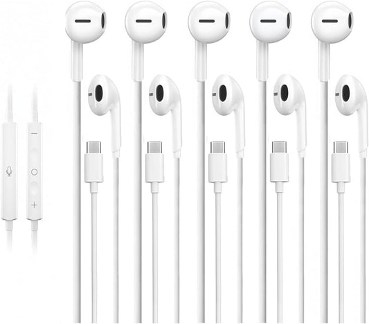 5 Pack Upgraded USB C Headphones for iPhone 17/16/15 Pro Max iPad Plus TypeC Earphones with Microphone Volume Control USBC Wired Earbuds USB Type C Earphone for Samsung S26/S25