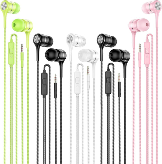 T2K Wired Earbud 5 Pack with 3.5mm Stereo Headphones with Microphone | Bass-Heavy Sound, a Built-in Microphone, Tangle-Free Design, Ergonomic in-Ear